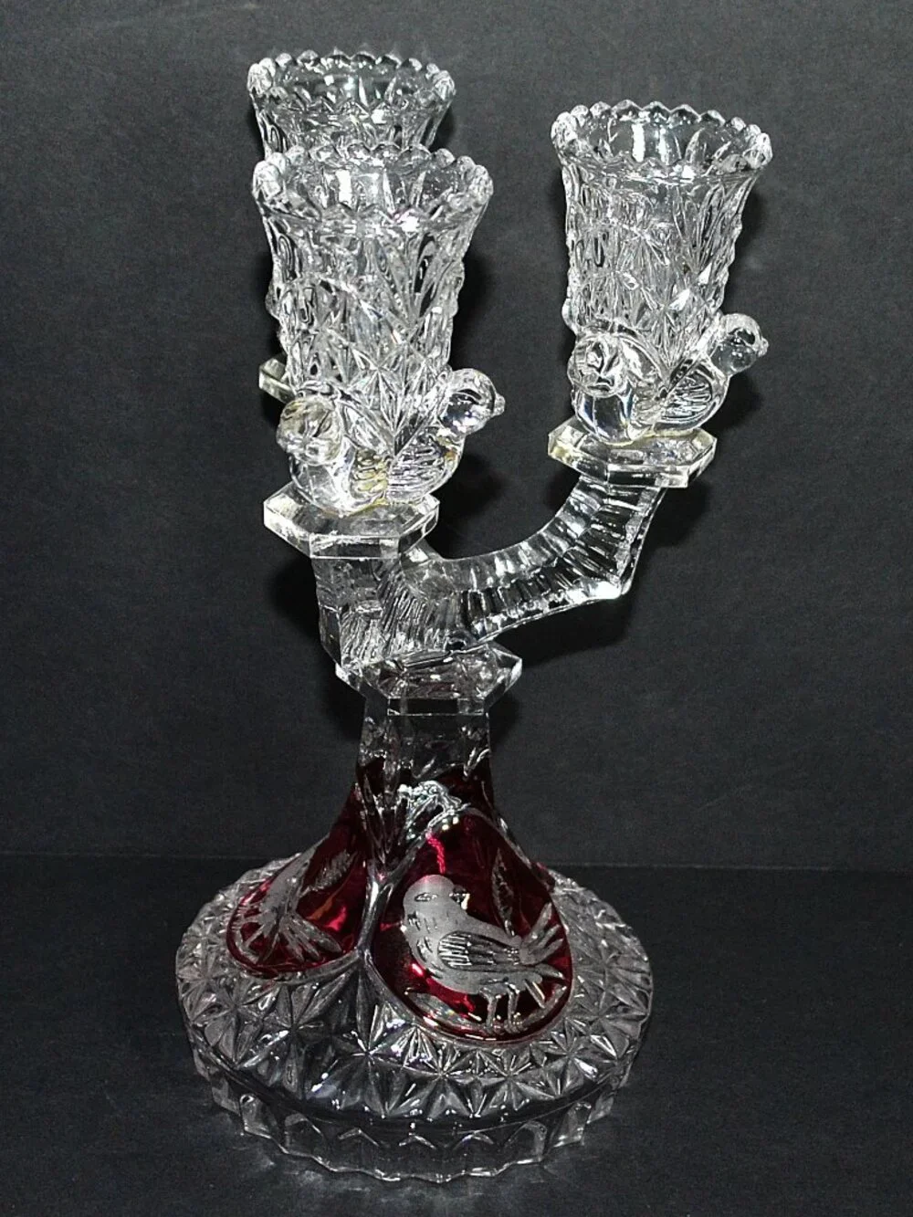 Hofbauer Byrdes Ruby Flash Crystal 3 Arm Candelabrum Cut‑to‑Clear Birds